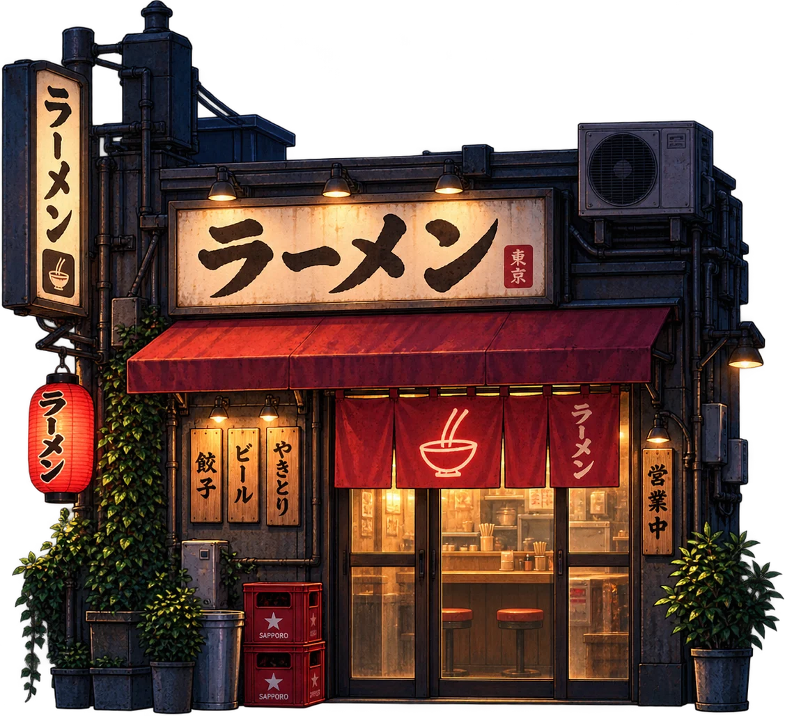 Tokyo Lofi radio world in Night Worlds with a rainy street and ramen shop